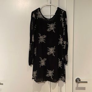 Long Sleeve Black Dress with White Embroidered Flowers